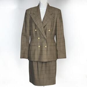 Vintage 80s Ralph Lauren Brown Windowpane Wool Skirt Suit Double Breasted Blazer